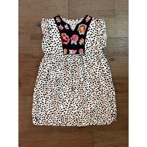 Dalmatian Print Floral Embroidered Babydoll Mini Dress White Black XL‎